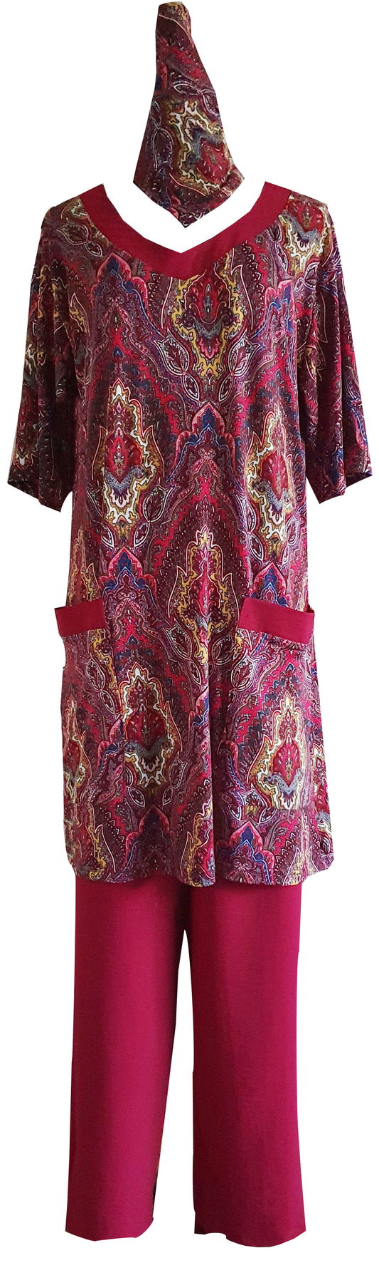 Miss S Domestic Uniforms 3pc Damask Print Red Multi Colour